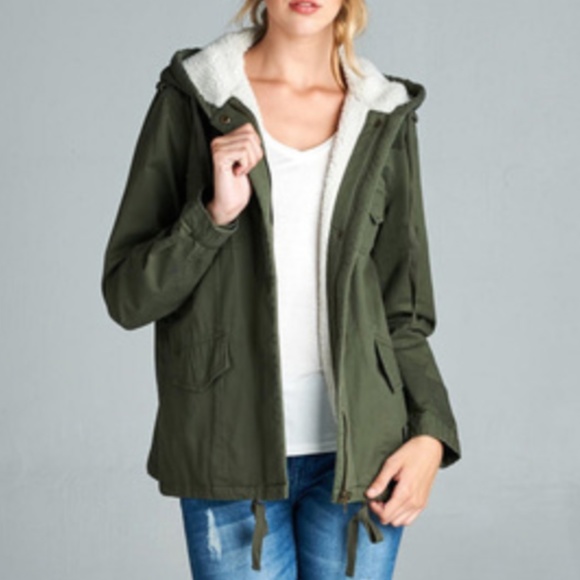 Army Green Sherpa Lined Utility Jacket - Picture 4 of 4